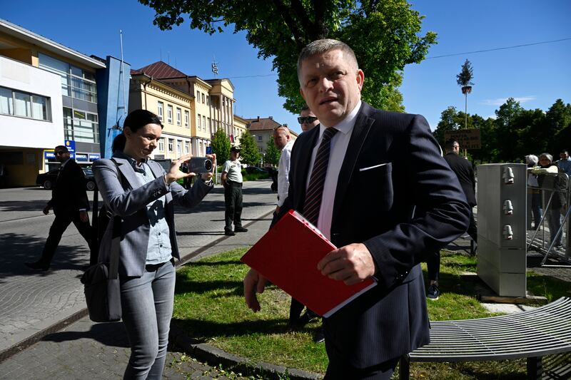 Robert Fico was in Handlova for a session of the country’s Cabinet (Radovan Stoklasa/TASR via AP)