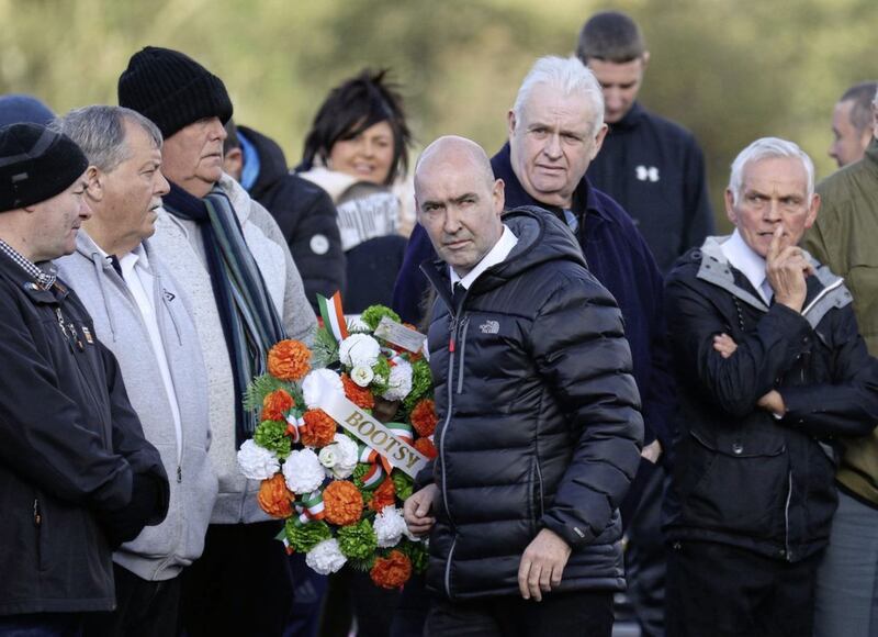 Sean Kelly (centre),  pictured in 2018 at a controversial commemoration at Milltown Cemetery in west Belfast for his fellow Shankill Road bomber Thomas Begley. Picture, PA