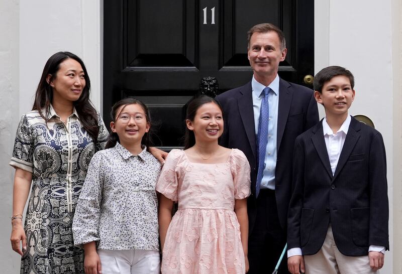 Jeremy Hunt with his wife, daughters and son as he departed No 11 on Friday