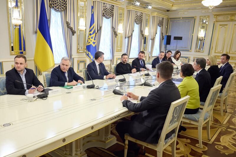 Ukraine’s President Volodymyr Zelensky, fourth left, speaks during a meeting with US secretary of state Antony Blinken, third right, in Kyiv (Ukrainian Presidential Press Office via AP)