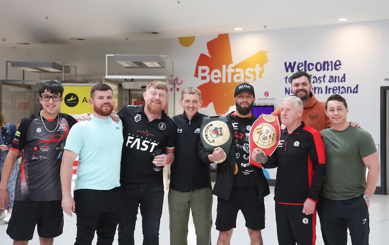 New IBF super-featherweight world title holder Anthony Cacace  is welcomed home at Belfast City Airport on Monday.
The Belfast fighter pulled off a huge upset in Saudi Arabia on Saturday night, handing Cordina his first professional loss on the undercard of Oleksandr Usyk's heavyweight unification victory over Tyson Fury.
PICTURE COLM LENAGHAN
