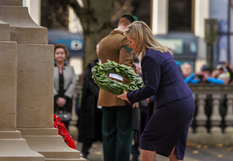 Michelle O’Neill lays a wreath during the Remembrance Sunday service at Belfast City Hall