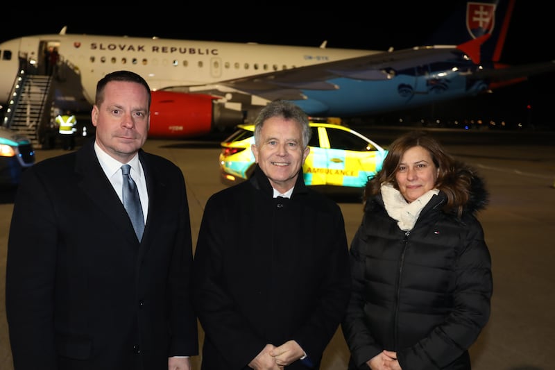 The sick children were welcomed to Ireland by, from left to right, Andrej Drobathe, Slovak Republic ambassador, Minister of State Sean Fleming TD And Dr Jilan Wahba Abdalmajid, Palestinian ambassador