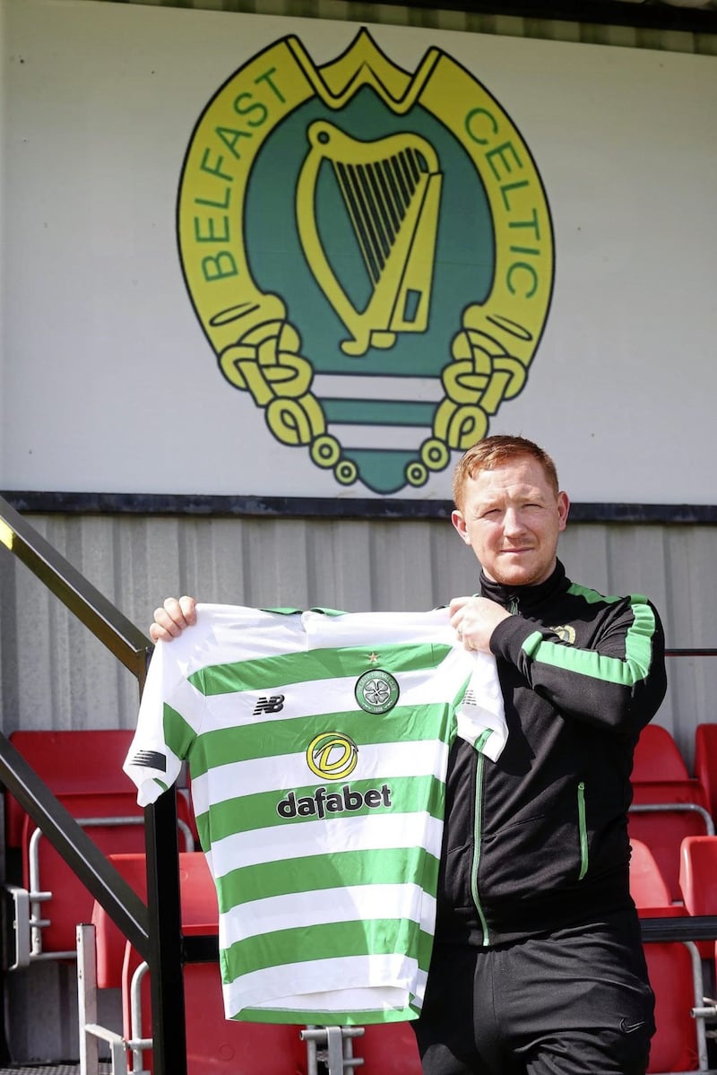 Belfast Celtic joint manager Stephen McAlorum holds a Glasgow Celtic shirt after the two clubs formed a partnership at academy level. Picture by Mal McCann 