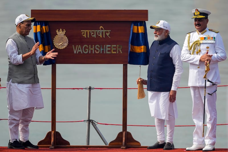 Indian Prime Minister Narendra Modi took part in the commissioning ceremony for the submarine Vaghsheer (AP)