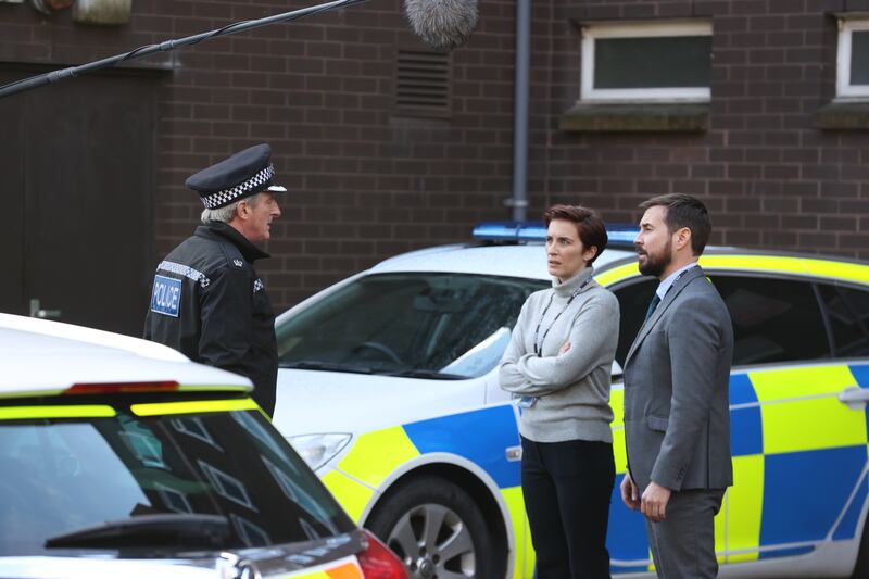 (l to r) Adrian Dunbar, Vicky McClure and Martin Compston on the set of the final series of Line of Duty