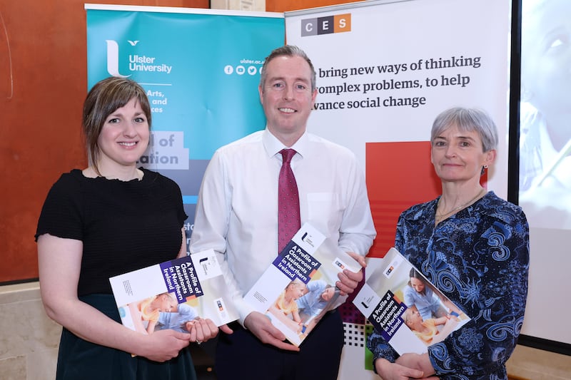 Two of the report authors, Caroline Courtney (L), Una O’Connor Bones (R) with Education Minister Paul Givan (C). PICTURE: PRESSEYE