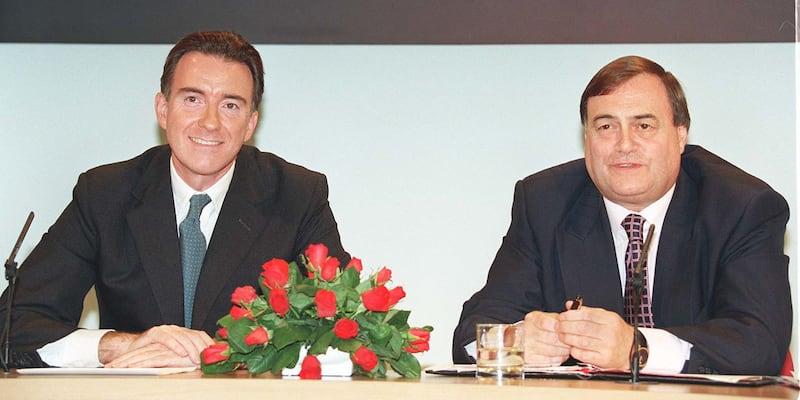 John Prescott and Peter Mandelson (left) holding a news conference to highlight the Labour Party’s first 100 days in government