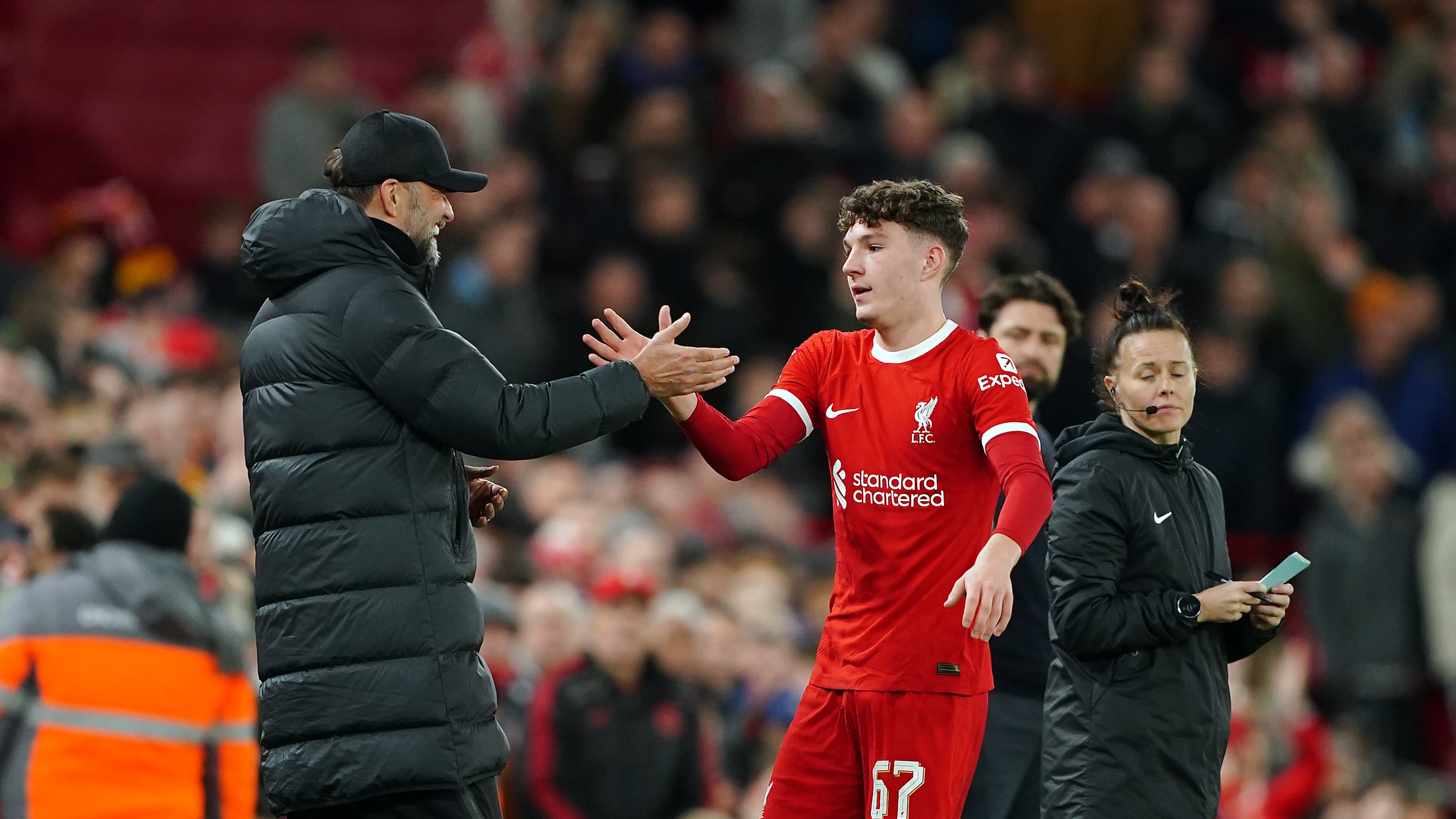 Lewis Koumas, pictured being congratulated by Jurgen Klopp after scoring on his Liverpool debut in February, is in line to win his first Wales cap next week