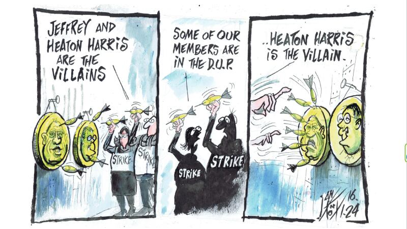 Cartoon showing union members throwing darts and pictures of Jeffrey Donaldson and Chris Heaton-Harris before someone points out that some of their union are in the DUP so they all throw darts at Chris Heaton-Harris