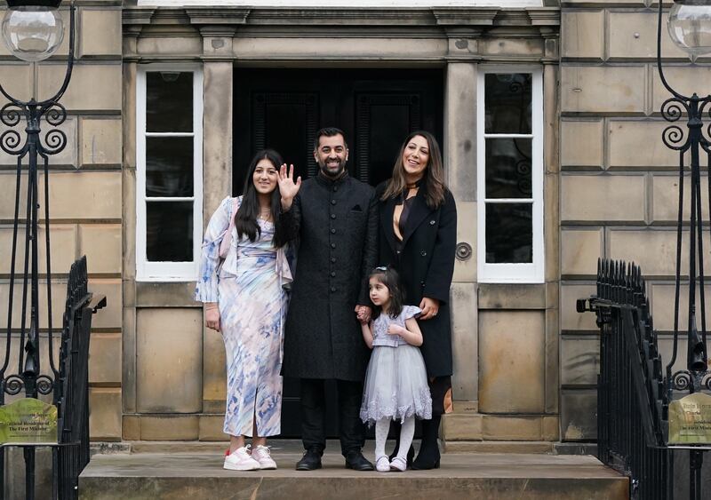 Humza Yousaf and his family on the steps of Bute House, the first minister’s official residence in Edinburgh.
