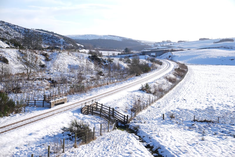 Snowy fields and railway line near Heriot in the Scottish Borders