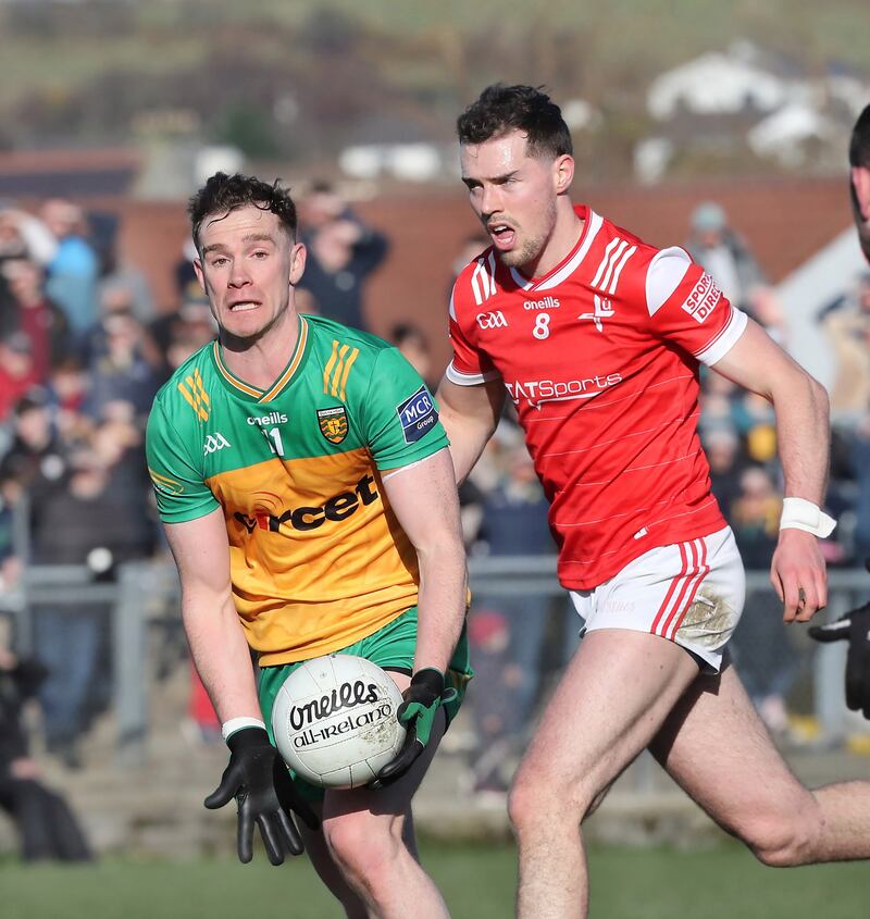 Donegal Ciaran Thompson with Conor Early of Louth during the National Football League match played at Fr Tierney Park in Ballyshannon on Sunday 3rd March 2024. Picture Margaret McLaughlin