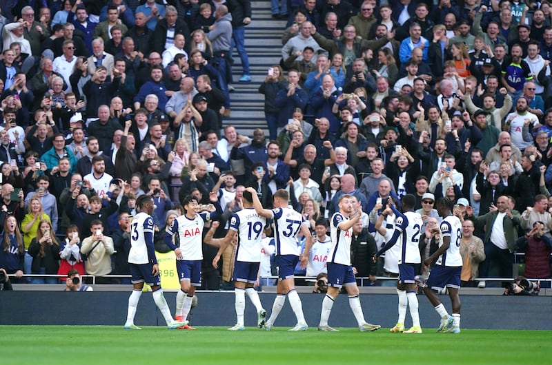 Tottenham’s Son Heung-Min celebrates scoring their side’s fourth goal