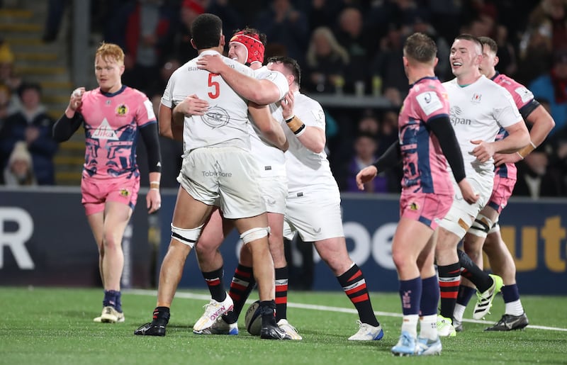 Ulster Rugby  Cormac Izuchukwu celebrates a hat trick of trys against  Exeter Chiefs    during FridayÕs nightÕs Investec Champions Cup match  at Kingspan Stadium.
Picture by Brian Little