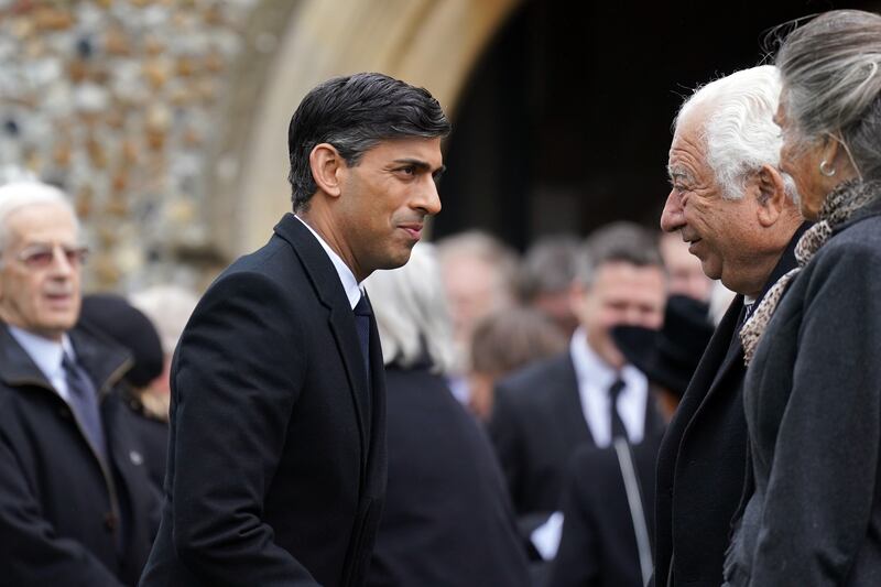 Prime Minister Rishi Sunak (centre) following Lady Boothroyd’s funeral at St George’s Church, Thriplow, Cambridgeshire