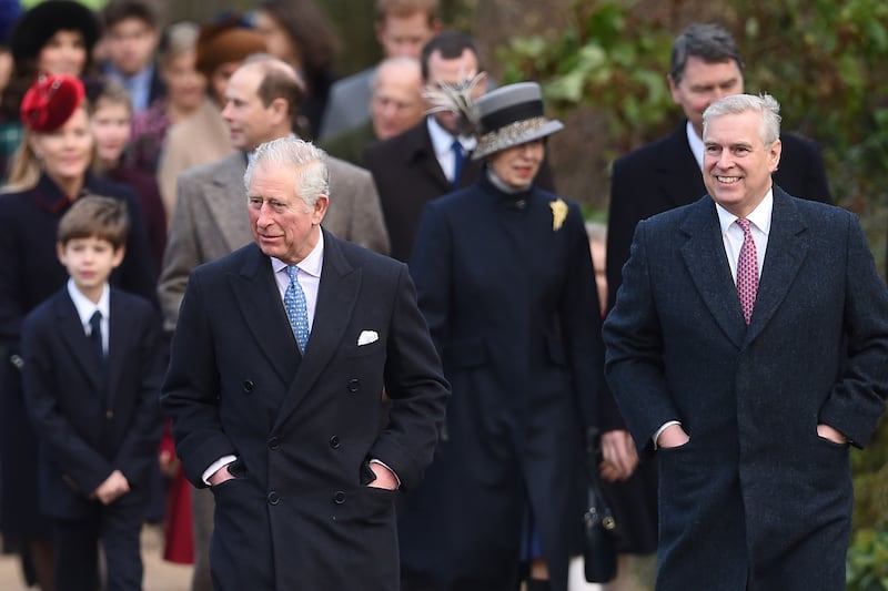 Andrew walks with his brother Charles at the head of the royal family on the way to Church on Christmas Day 2017