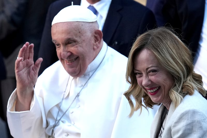 Pope Francis with Giorgia Meloni, Italy’s Prime Minister on day two of the 50th G7 summit at Borgo Egnazia, southern Italy (Christopher Furlong/Pool Photo via AP)
