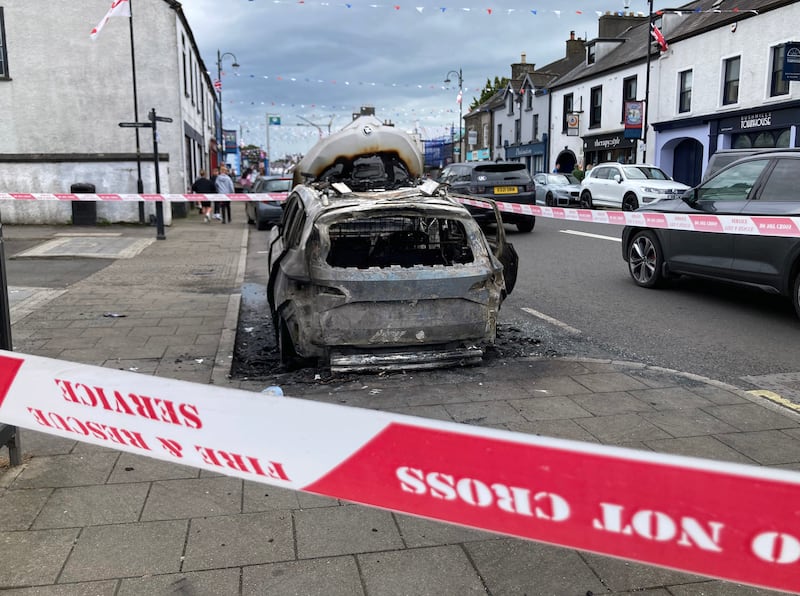 Scene of a fire in Bushmills, Co-Antrim on Tuesday involving a vehicle believed to be connected with DVLA Tax  checking. Picture Margaret McLaughlin 6-8-2024