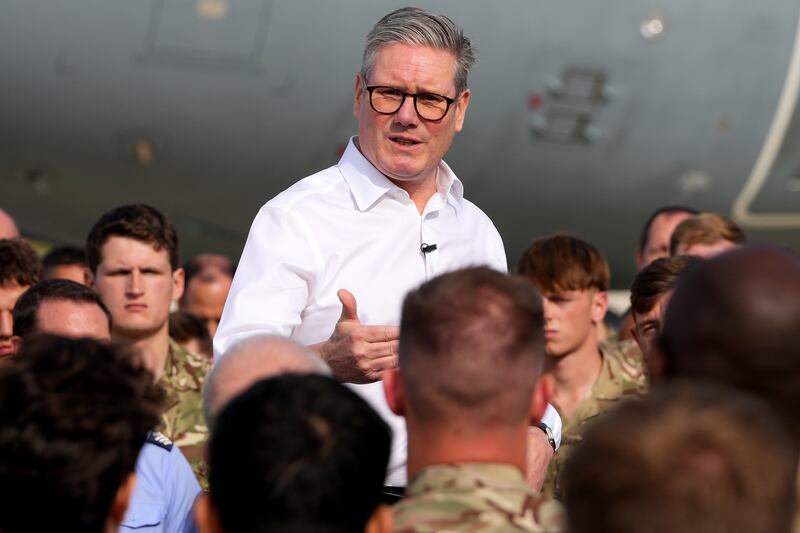 Sir Keir Starmer speaks to soldiers at the RAF base in Akrotiri, Cyprus