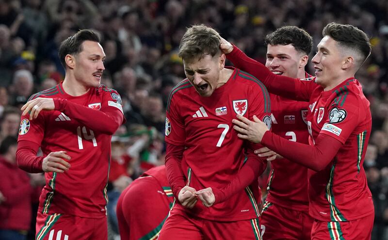 David Brooks (centre) celebrates with Harry Wilson (far right) and others after putting Wales ahead in their Euro 2024 play-off semi-final against Finland