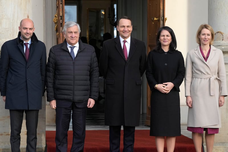 European foreign ministers pose for a photo during a meeting in Warsaw, Poland (Czarek Sokolowski/AP)