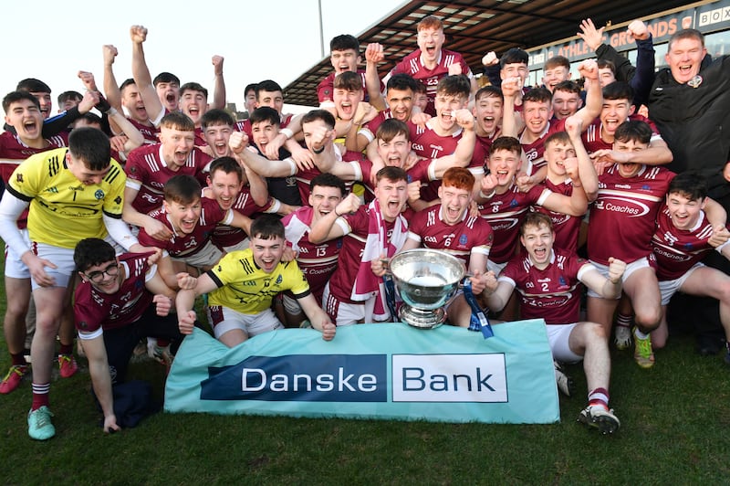 Omagh CBS players celebrate after retaining the MacRory Cup.