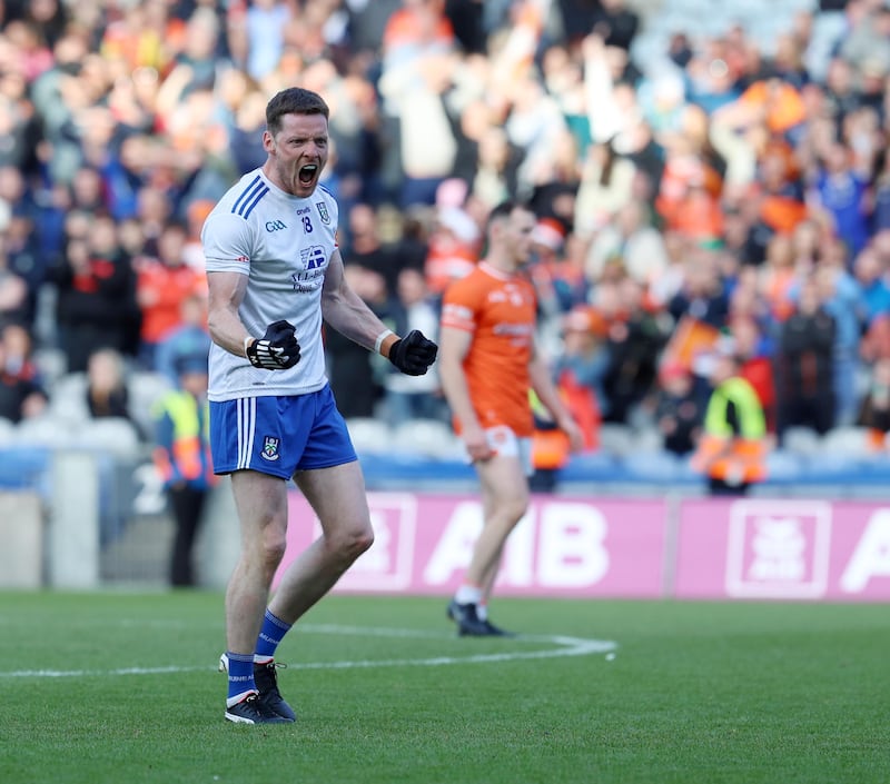 Monaghan's Conor McManus celebrates scoring equalising free during the GAA Football All - Ireland Senior Championship Quarter Final between Armagh and Monaghan on 01-07-2023 at Croke Park Dublin. Picture by Philip Walsh.
