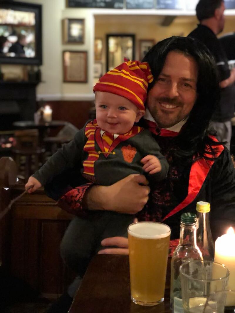 (from left to right) Richard Brown as Harry Potter and Matthew Brown as Severus Snape during Halloween 2018