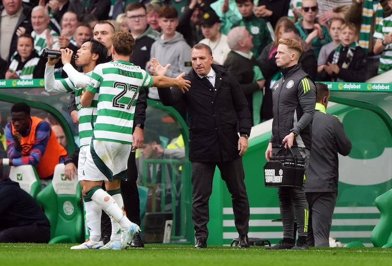 Celtic manager Brendan Rodgers with goalscorer Arne Engels during the Scottish Premiership match at Celtic Park, Glasgow. Picture date: Saturday September 14, 2024. PA Photo. See PA story SOCCER Celtic. Photo credit should read: Andrew Milligan/PA Wire.

RESTRICTIONS: Use subject to restrictions. Editorial use only, no commercial use without prior consent from rights holder.