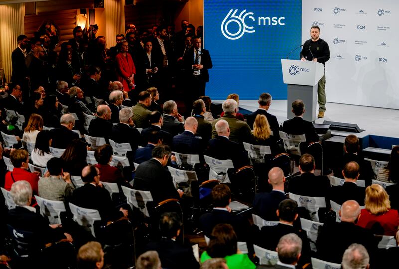 Ukrainian President Volodymyr Zelensky delivers a speech at the Munich Security Conference at the Bayerischer Hof Hotel (Matthias Schrader/AP)