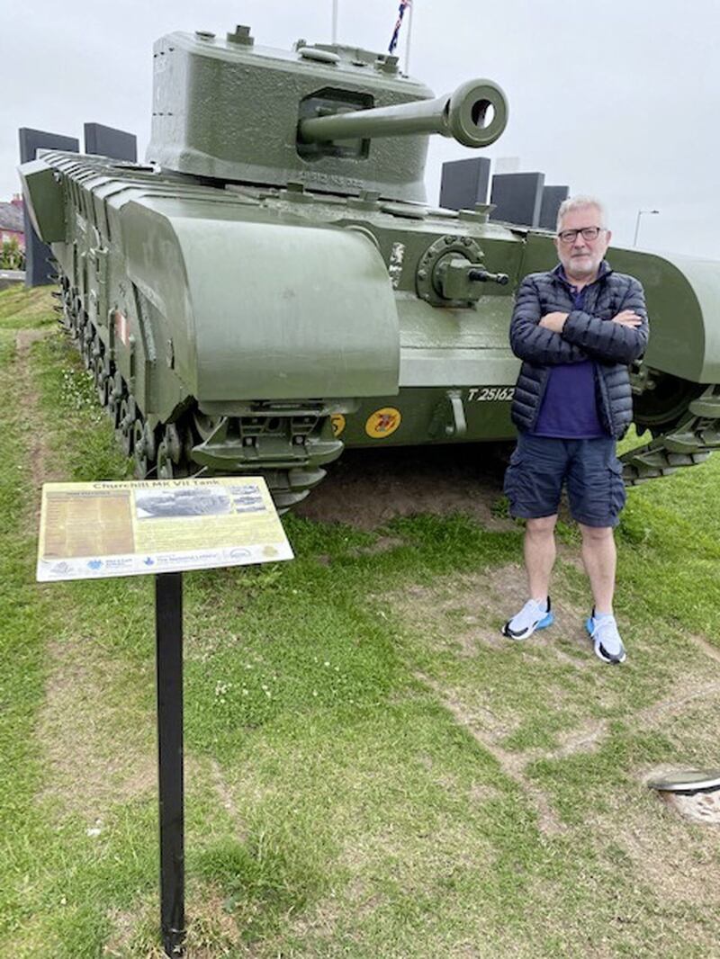 Tom Kelly inspected a tank during his stay in Carrickfergus, where he was mistaken for Ulster Unionist Party leader Doug Beattie 