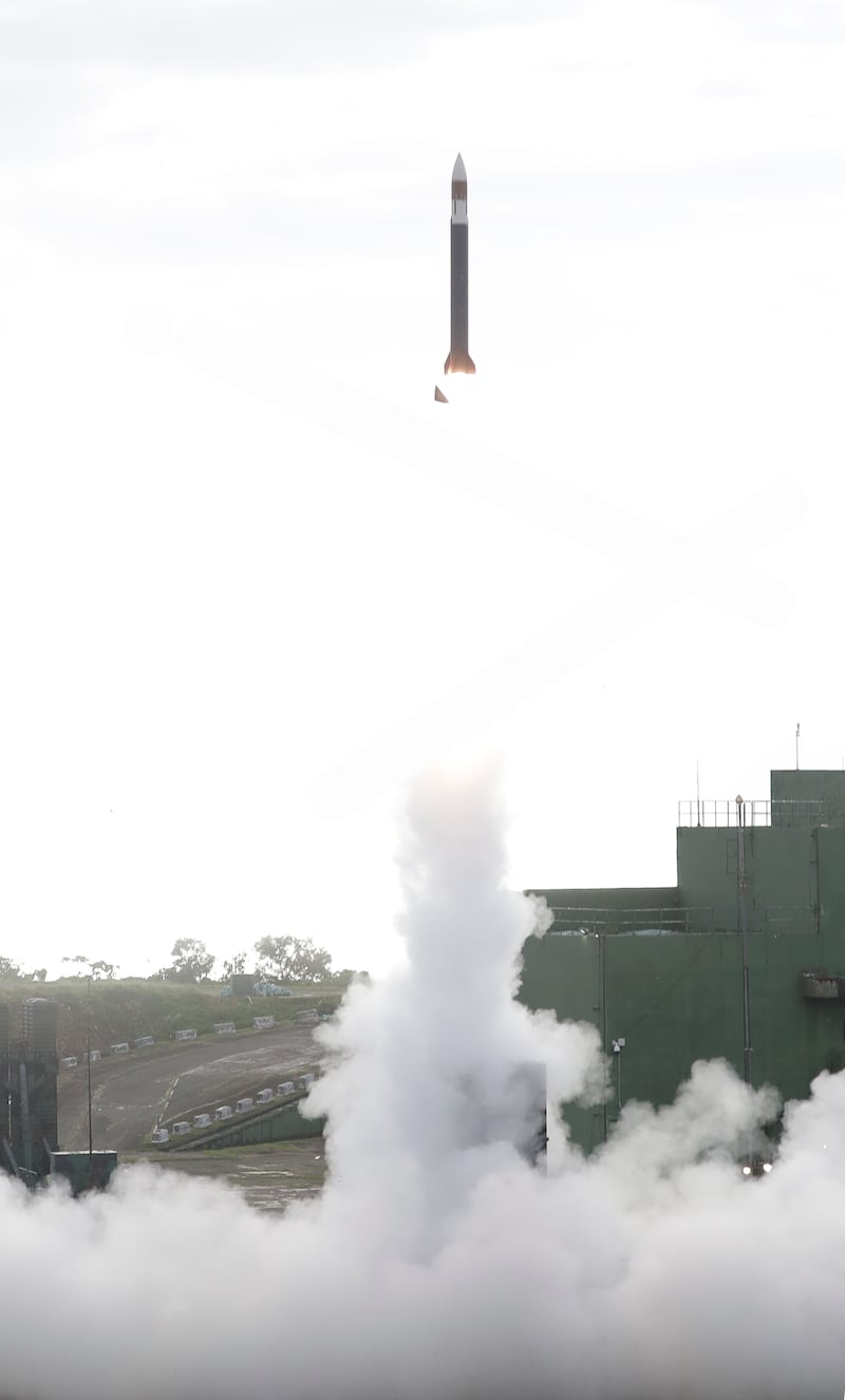 A Sky Bow III surface-to-air missile is launched from a platform during a drill in Pingtung County, southern Taiwan (Chiang Ying-ying/AP)