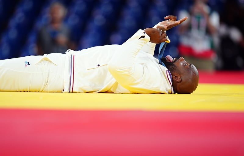 France's Teddy Riner with his gold medal following the Men's +100 kg Final contest  against South Korea's Kim Minjong at the Champ-de-Mars Arena on the seventh day of the 2024 Paris Olympic Games in France. Picture: Mike Egerton/PA Wire.