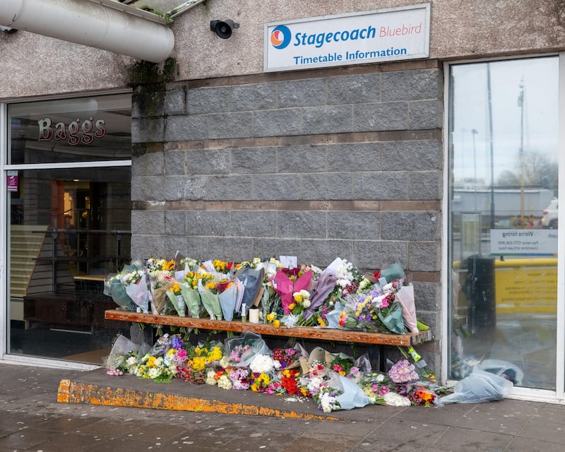 2WH2J8D 6 February 2024. Elgin Bus Station,Alexandra Road,Elgin,Moray,Scotland. This is the large floral tribute to Stagecoach Bus Driver, Keith Rollinson, wh