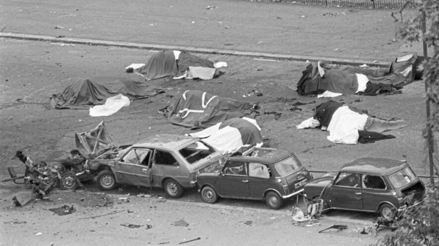 &nbsp;Dead horses and wrecked cars in the aftermath of the IRA Hyde Park bomb attack on the Household Cavalry in 1982