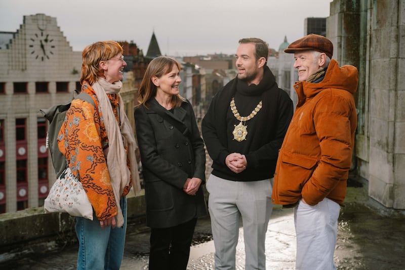 L-R Lisanne Pol, Wendy Langham, Lord Mayor of Belfast Micky Murray, Aidan Mullholland. Pictured at the Belfast Stories site this week.