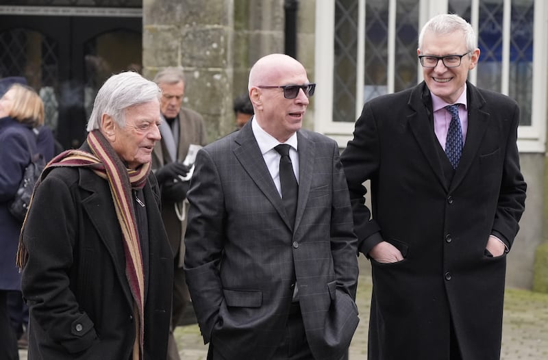 Tony Blackburn, Ken Bruce and Jeremy Vine following the funeral of DJ Johnnie Walker at St Peter’s Church in Shaftesbury