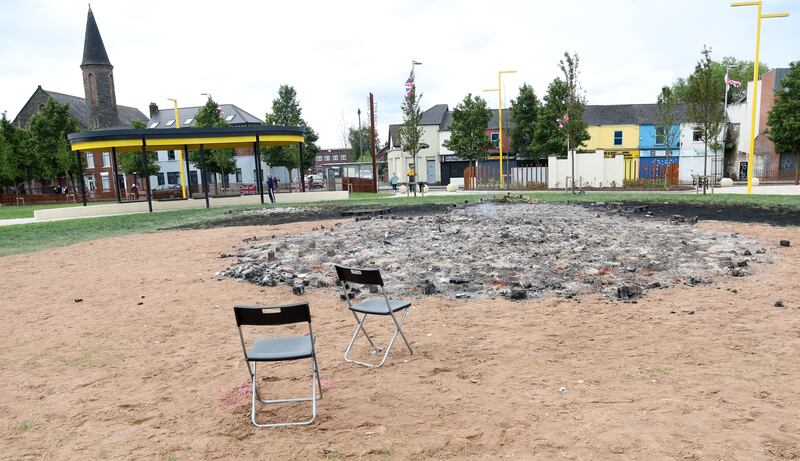 The aftermath of the The Pitt Park Park bonfire in East Belfast.