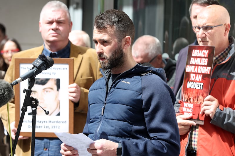 Daman Brown whose grandfather Sean Brown, was abducted by the LVF from outside Bellaghy’s Wolfe Tone GAA club on 12 May 1997. Families and relatives protest out Erskine House in Belfast against the introduction of the Legacy Act which came into force today. PICTURE: MAL MCCANN