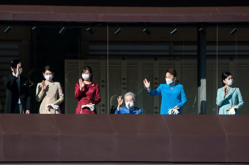 Princess Yuriko of Mikasa, fourth left, with Crown Prince Akishino, from left, Crown Princess Kiko, Princess Kako, Princess Nobuko of Mikasa and Princess Akiko of Mikasa in 2023 (AP)