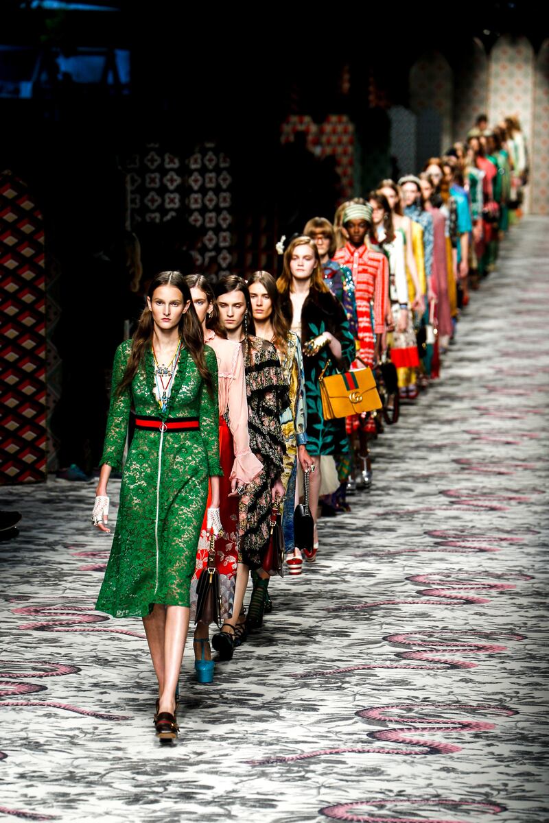 Models walk the runway finale during the Gucci show as a part of Milan Fashion Week Spring/Summer 2016