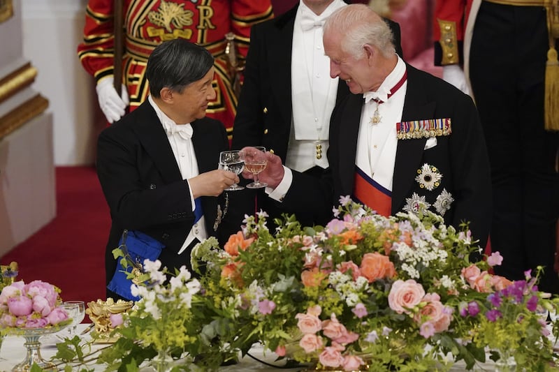 The King with Emperor Naruhito of Japan during the State Banquet at Buckingham Palace in June