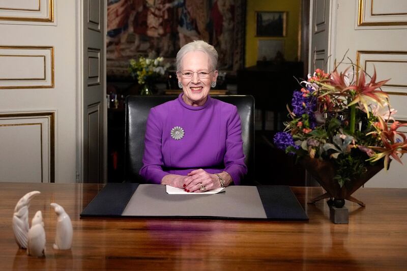 Queen Margrethe II gives a New Year’s speech and announces her abdication from Christian IX’s Palace, Amalienborg Castle, in Copenhagen on Sunday (Keld Navntoft/Ritzau Scanpix via AP)