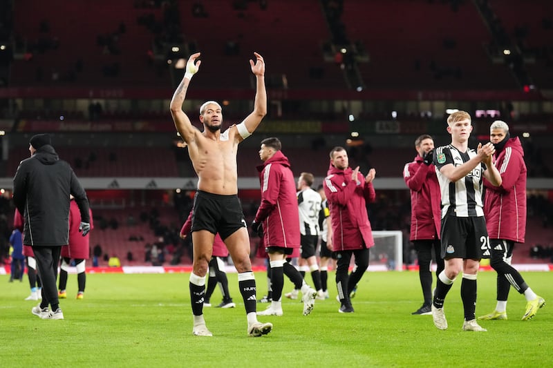 Joelinton leads Newcastle’s post-match celebrations at the Emirates