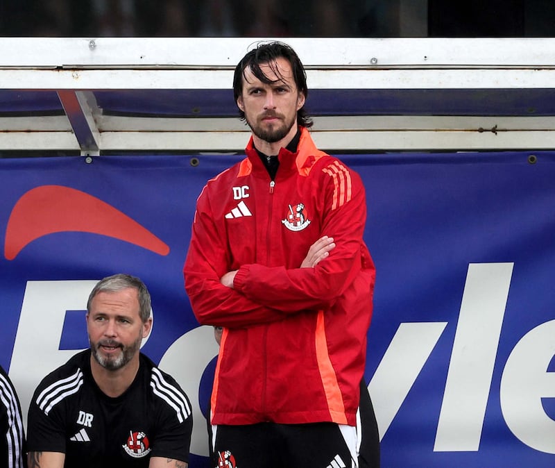 Pacemaker Press 24824
Crusaders v Cliftonville  Sports Direct Premiership
Crusaders manager Declan Caddell looks content with his sides showing  during today's game at Seaview, Belfast.  Photo by David Maginnis/Pacemaker Press