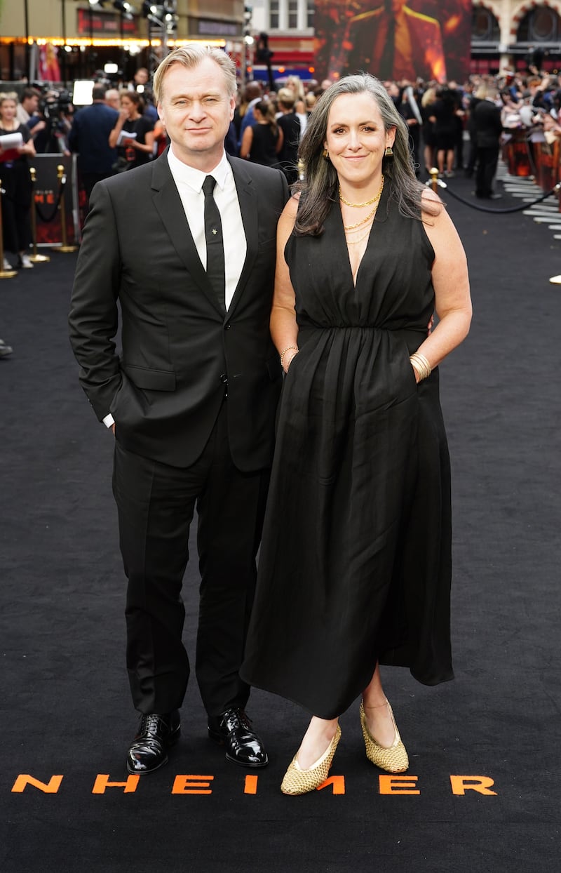 Christopher Nolan and Emma Thomas arrive for the UK premiere of Oppenheimer at the Odeon Luxe, Leicester Square, in London