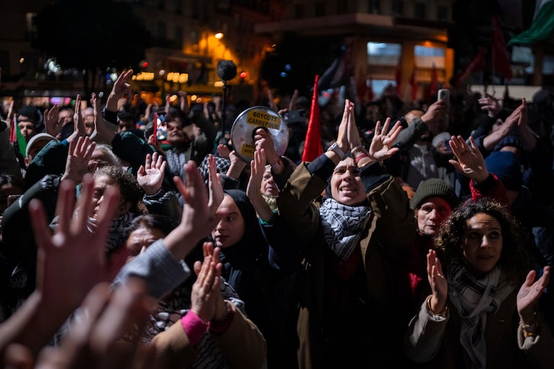 Protesters take part in the rally on the eve of the Uefa Nations League 2025 soccer match between France and Israel (Louise Delmotte/AP)