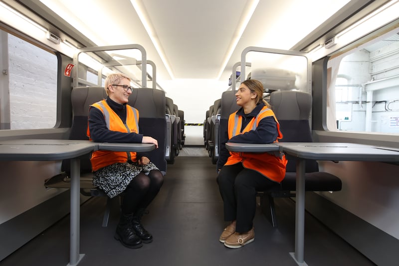 Jaz Atwal, project document controller and Charlotte Briers, left, rolling stock performance lead at Alstom, viewing test designs for the HS2 high-speed trains