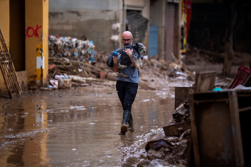 A man carries his dog as he walks through the muddy streets after the floods in in Masanasa, Valencia (Emilio Morenatti/AP)